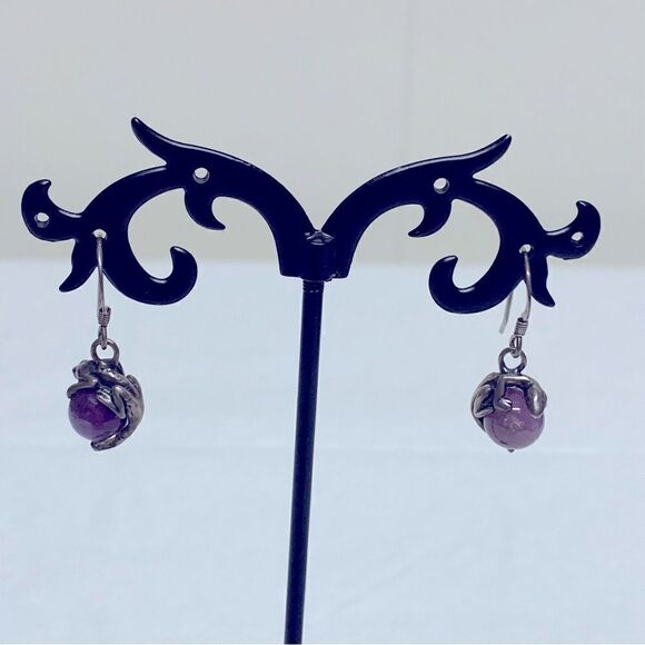 Sterling Silver & Amethyst Gecko Drop Dangle Earrings 1.25” Vintage Gorgeous - Picture 2 of 6